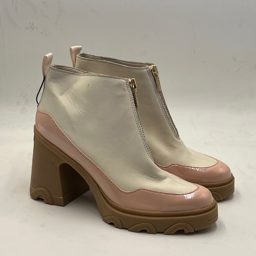 Sorel Cream and Pink Heeled Boots with Chunky Sole and Side Zipper